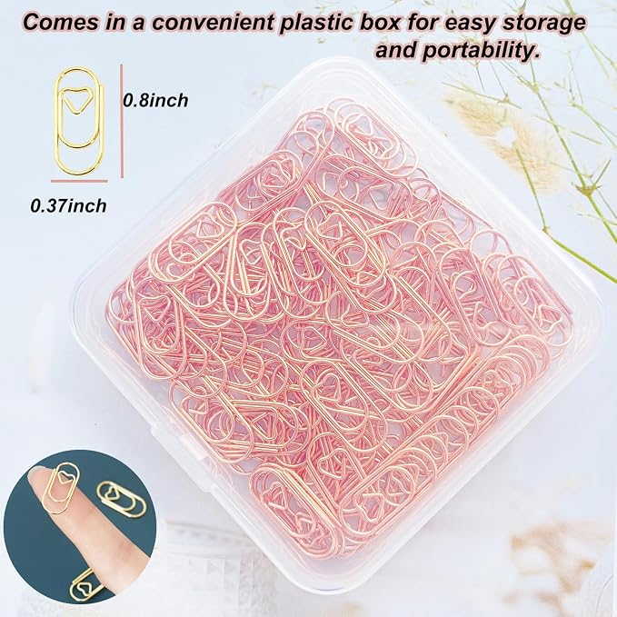 120 PCS Gold Heart Shaped Paper Clips 0.78inch Small Paper Clips Cute Mini Paperclips Invitations Paperclips Decorative Paper Clips for Office School Home Desk Organizers (Rose Gold)