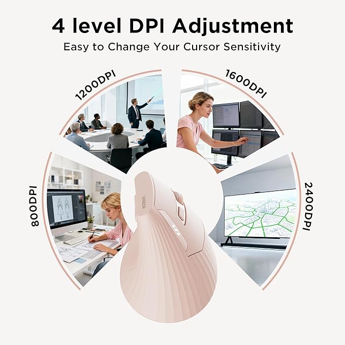 Uineer Vertical Ergonomic Mouse, Wireless Bluetooth Mouse, 3-Device,Quiet | Switch among 3 devices; side scroll wheel supports horizontal navigation for documents and spreadsheets.