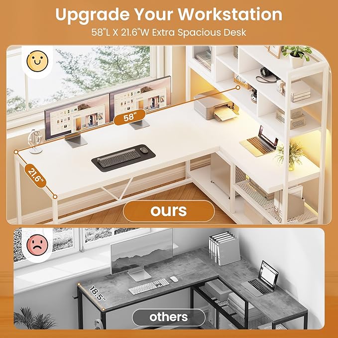SEDETA L Shaped Computer Desk with Storage Shelves and Bookshelf, White | 58'' Reversible Office Desk with LED Light, Glass Door Cubby, L Shaped Corner Desk for Gaming, Two Monitors, Small Space