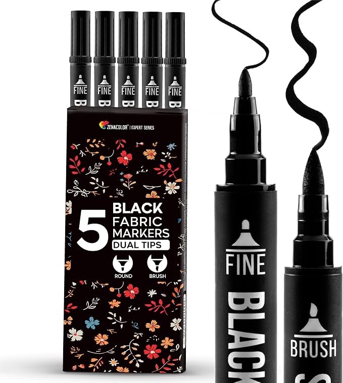 Zenacolor 5 Dual-Tip Black Fabric Markers Permanent for Clothes - Fabric Paint Pens for Personalizing Shirts Bags Hats Canvas and Textiles