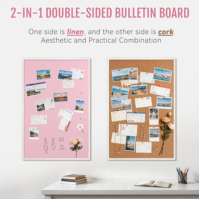 SELEAD Double-Sided Linen and Cork Bulletin Board (36"x24", Pink) | 2-in-1 Fabric Linen Cork Pinboard, White Wood Frame Wall Decor Photo Display Vision Board for Home Family, Bedroom, Dorm Room