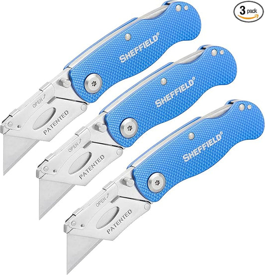 Sheffield 12514 Folding Utility Knife 3 Pack,Stocking Stuffers, Gifts for Men, Dad Gifts, Quick Change Utility Knife Blades, Compact Aluminum Handle, Box Cutter, Razor Blades Included