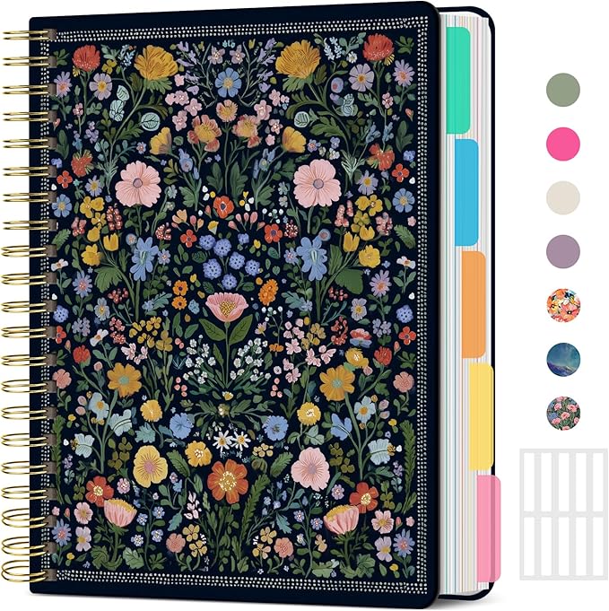 Large Spiral Lined Notebooks for Work with Removable Dividers & Tabs, 8.5"x11" Pretty Hardcover 5 Subject Notebook Journal for Women, College Ruled, Perfect for Study & Office Organization, 280 Pages, Garden of Whimsy