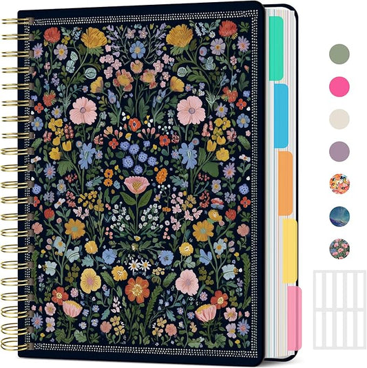 Large Spiral Lined Notebooks for Work with Removable Dividers & Tabs, 8.5"x11" Pretty Hardcover 5 Subject Notebook Journal for Women, College Ruled, Perfect for Study & Office Organization, 280 Pages, Garden of Whimsy