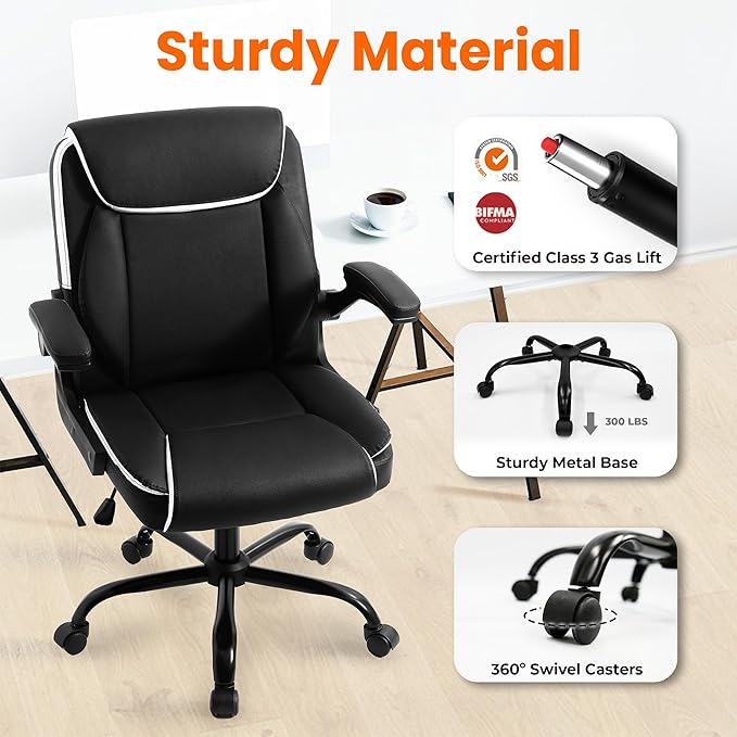 NEO Chair Office Desk Computer Chair Ergonomic Executive Mid-Back Leather Gaming Chair with Adjustable Flip-Up Armrests Wheels Swivel for Home Study Task (Black White)