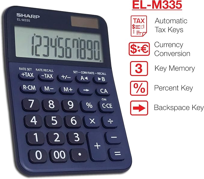 Sharp EL-M335 10-Digit Extra Large Desktop Calculator with Currency Conversion Functions, Tax, Percent and Backspace Keys, and a Large Angled LCD Display, Perfect for Home or Office Use | Extra Large Display, Currency Conversion Functions, Tax, Percent...