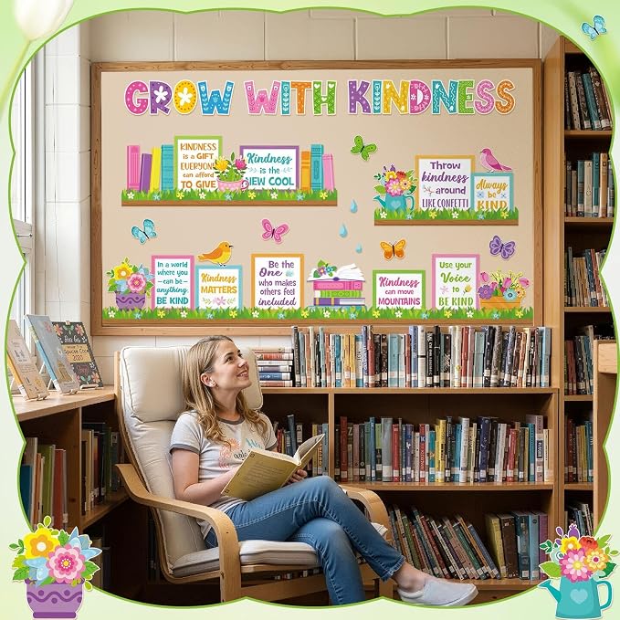 Qilery Grow with Kindness Bulletin Board Set Spring Classroom Decorations | Motivational Reading Posters for Teachers Elementary School Library Wall Decor Flower Book Cutouts for Kindness Week Display