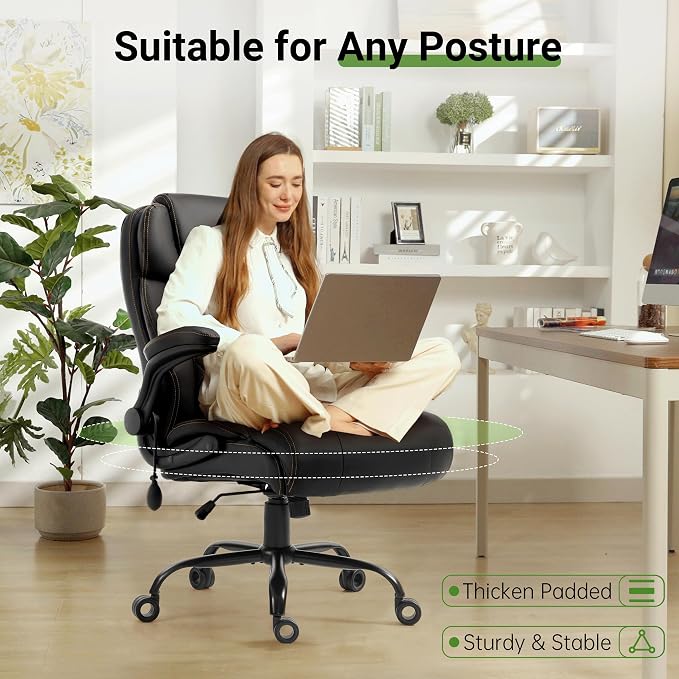 Office Chair, Big and Tall Executive Chair with Air-Lumbar Support, Breathable Desk Computer Chair with Adjustable Flip-up Armrests, Wide Cushion Seat Swivel Home Office Chair