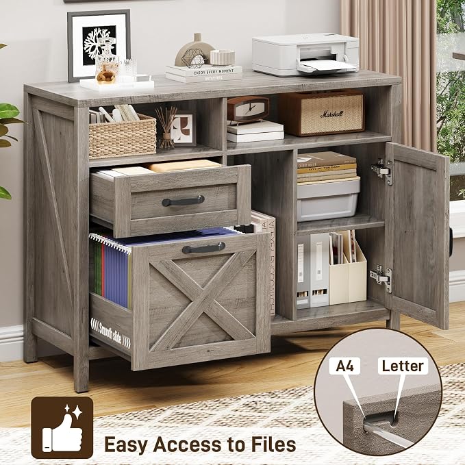Befrases Farmhouse File Cabinet with Doors, Lateral Filing Cabinet with 2 Drawers for Letter/A4 Size Hanging Files, Large Wooden Printer Stand with Open Shelf for Home Office, Rustic Grey