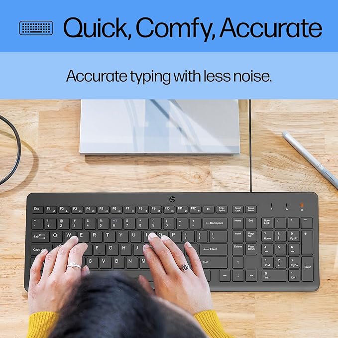 HP 150 Wired Keyboard - Full-Sized, Keyboard with Numeric Keypad - Silent-Touch Chiclet Keyboard - Ergonomic, Comfortable Design - USB Plug-and-Play Connectivity, LED Indicators (664R5AA, Black)