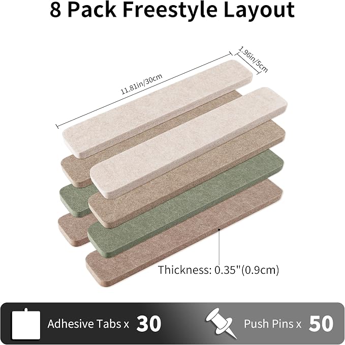 Mini Cork Board Strips for Walls, Small Corkboards for Wall | Adhesive Cork Strips Bulletin Bar Strip for Office, Renter Friendly, Frameless, 1300g/m² Dense Felt, 12*2 in, 8Pcs, 50 Pins