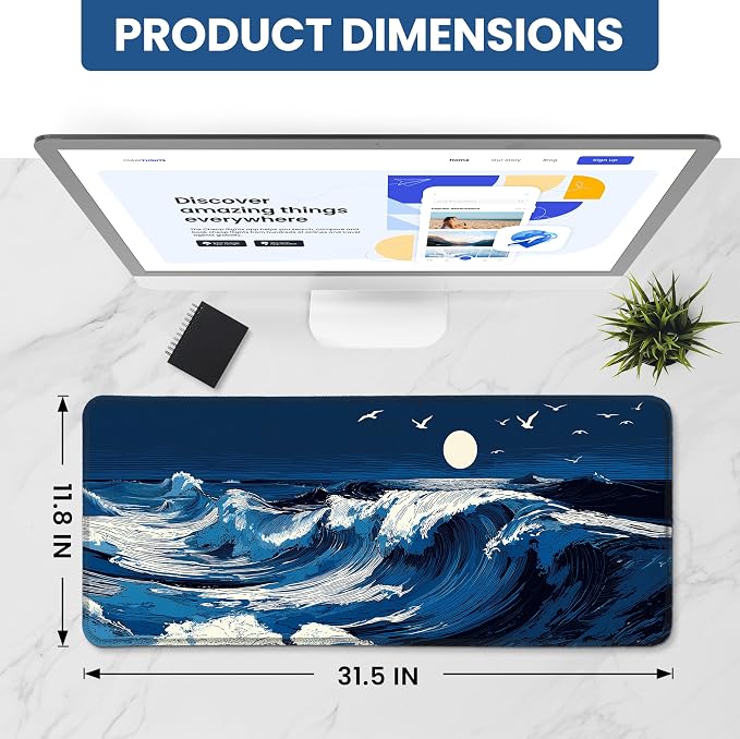 Aesthetic Desk Mat, Cute Moonlit Waves Desk Pad Protector for Work & Decor, 31.5" x 11.8", Pretty Non-Slip Extended Mouse Pad for Office or Home
