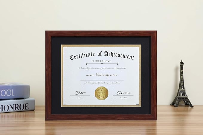 ELSKER&HOME 8.5x11 Certificate Frame - Classic Coffee Color Frame - Displays Diploma 8.5x11 Inch with Mat - 11x14 Inch Without Mat - For Document/Photo(Double Mat - Matte Black with Gold Rim)