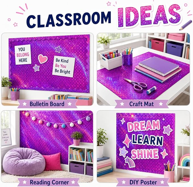 Purple Iridescent Bulletin Board Paper Roll,17" x20 Ft Bulletin Board Background Paper Roll,Fade Resistant Wrinkle Resistant Poster DIY Crafts Paper Glitter Wallpaper Classroom Office Home Dec