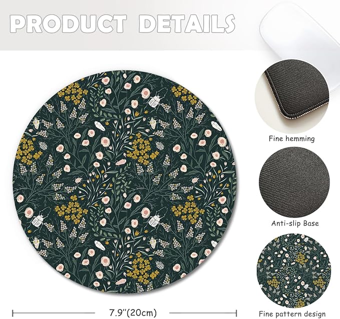 Dark Green Plant Mouse Pad, Cottagecore Vegetation Wildflowers Mousepad Mouse Mat with Non-Slip Rubber Base for Home Office Desk Accessories, Green Office Supplies, 7.9x7.9 Inch