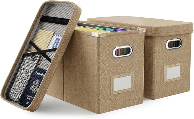 Hanging Filing File Box with Mesh Pocket, File Organizer Box with Lid, Collapsible Document Organizer Box for Letter Size, Easy Slide Durable Storage Box for Office/Decor/Home (2 PCS, Khaki)