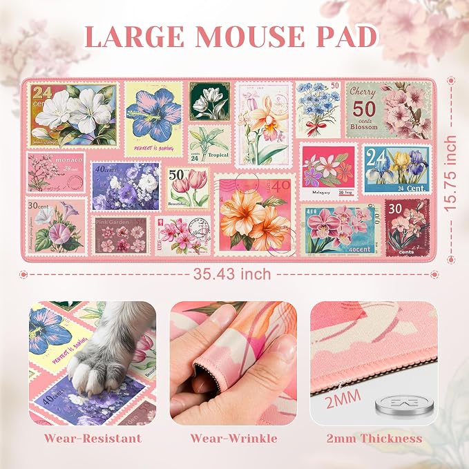 iCasso Floral Desk Pad Mat, XXL Large Mouse Pad, Pastel Pink | Anti-Slip Retro Mousepad with Stitched Edges, Computer Keyboard Mat for Desktop Decor, Aesthetic Office Desk Accessories