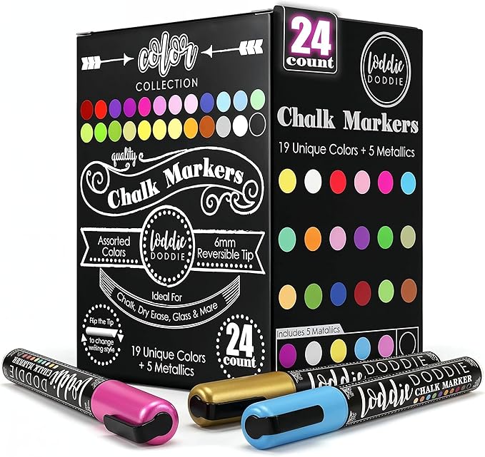 Loddie Doddie Chalk Markers - Pack of 24, 6mm Reversible Tips - Liquid Chalk Pens for Glass & Windows - Dry Erase Chalkboard Markers for Blackboard & Calendars - Non-Toxic Pens for Art & Decor