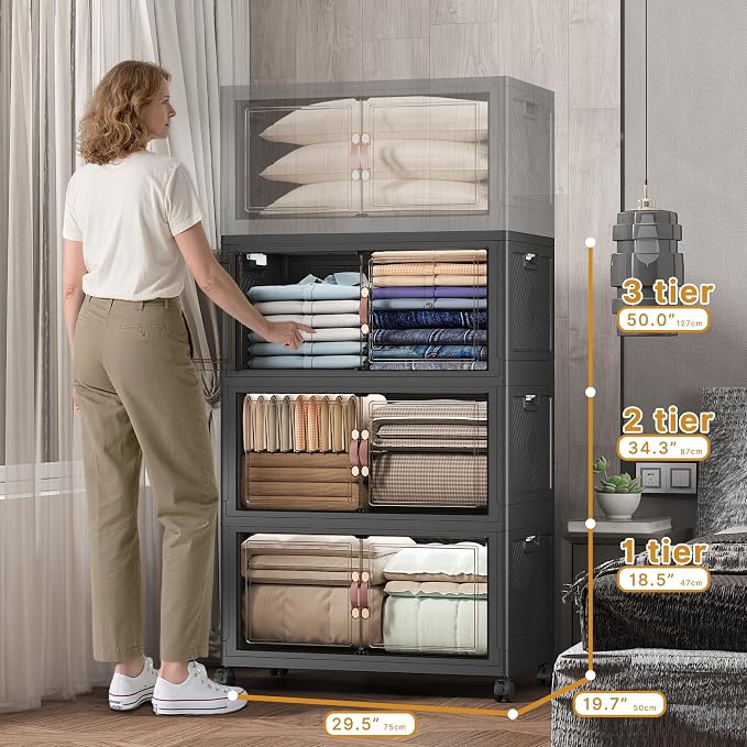 504QT Stackable Storage Bins with Lids, Doors & Wheels | Closet Organizers and Storage Cabinet , Lockable Plastic Foldable Drawers for Bedroom Dorm Office Garage（168QT*3,Black）
