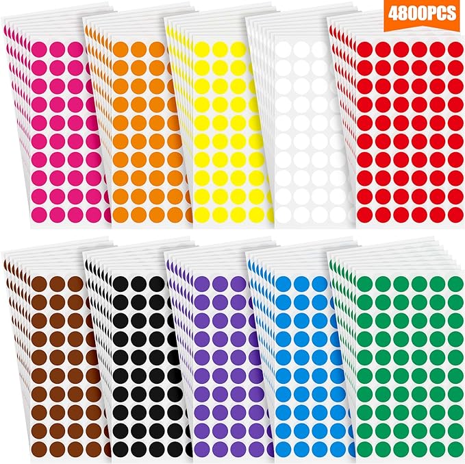 Epakh 4800 Pieces 1/2 Inch Colored Dot Stickers Round Labels 10 Colors | Circle Labels for Marking Organizing, Color Coding Adhesive, For Office Classroom Home Storage, Easy Peel Application