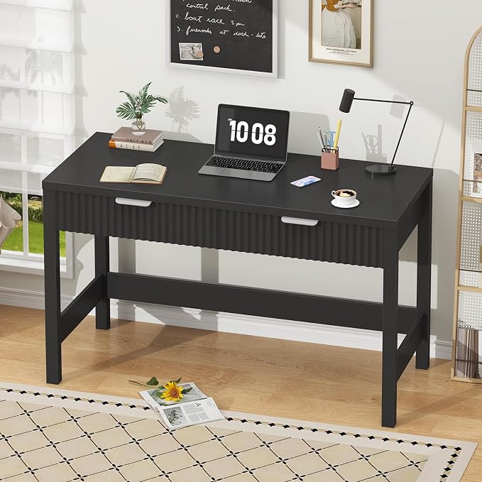 47 Inch Small Fluted Computer Desk with 2 Drawers for Bedroom, Home Office | Small Computer Desk with Storage, Compact Writing Study Vanity Desk for Small Spaces, Black