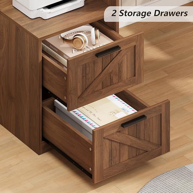 63" Farmhouse L Shaped Desk with Drawers & Printer Shelf for Home Office | Corner Computer Desk with Storage, Power Outlets, L Shaped Office Desk with Monitor Stand, Printer Shelf, Brown