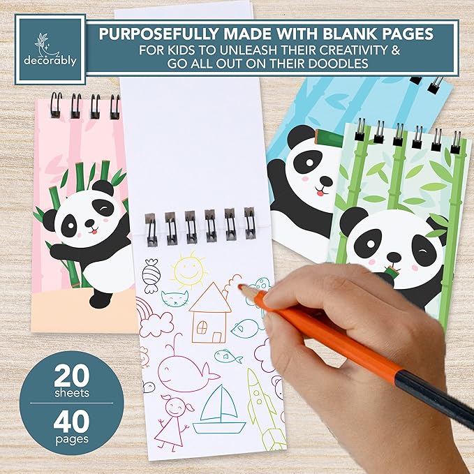 Decorably 24 Pack Panda Party Favors for Kids 8-12 - 12 Adorable Designs 2.4x4in Panda Notepad, Spring Bound 20 Sheets