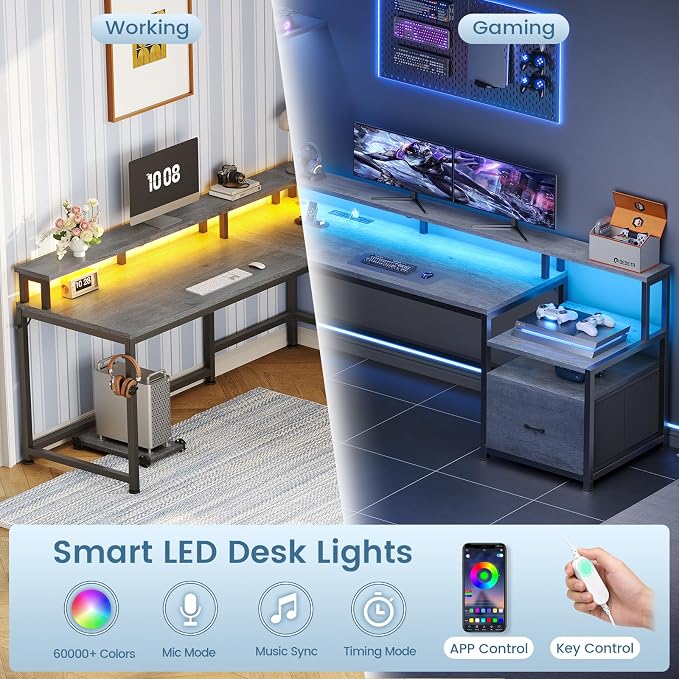 SEDETA 66" Reversible L Shaped Computer Desk with Power Outlet, File Drawer | Home Office Desk with Monitor Shelf, Storage Shelves, LED Lights for Corner Small Spaces, Gaming, Grey
