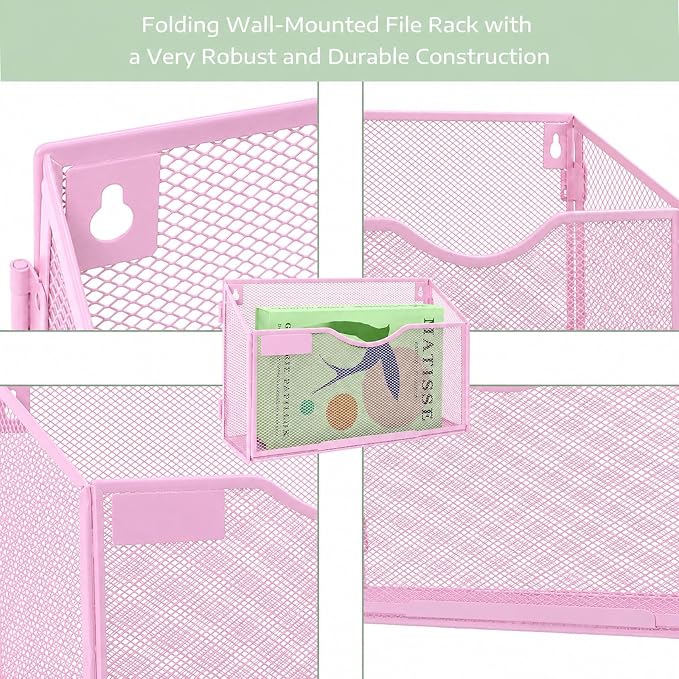 1 Pocket Mesh Wall File Holder Organizer Office Hanging File Folder Magazine Rack, Nametag Label Hooks Set Included (Pink)