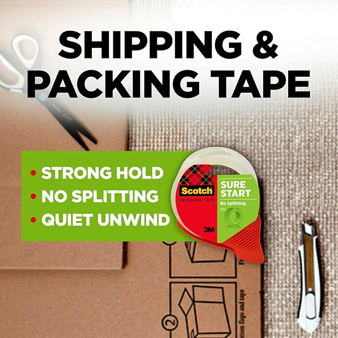 Scotch Sure Start Packaging Tape, 1.88 x 38.2 yd, Designed for Packing, Shipping and Mailing, Smooth and Quiet Unwind, 3" Core, Clear, 2 Rolls w/1 Dispenser (3450S-2-1RD) (Pack of 2)