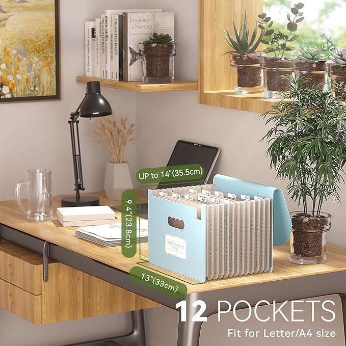 Accordion File Organizer, 12-Pocket Wheat Straw Expanding File Folder, Portable Monthly Bill & Tax Receipt Organizer, Letter/A4 Size Document Holder with Colorful Tabs-Sky Blue