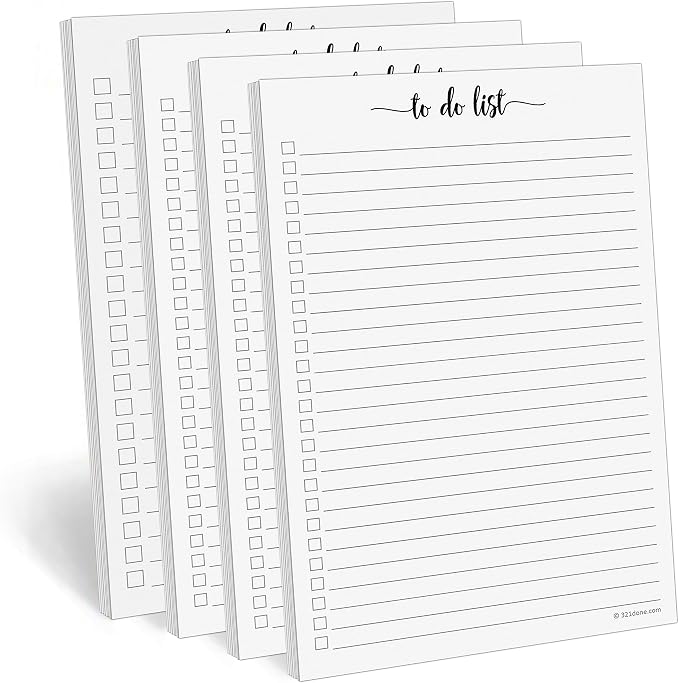 321Done To Do List Notepad, 5.5x8.5, 4-Pack, 50 Sheets Each, College Ruled | Made in USA - Simple Tear-Off Daily Checklist Pad for Desk Organization, Tasks, Errands and Shopping, Thick White Paper
