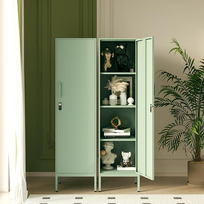 Green Metal Locker Cabinet, 59.1" Lockable Storage Locker for Employees with Adjustable Shelves, Locking File Cabinet Door for Office, School, Gym, Garage