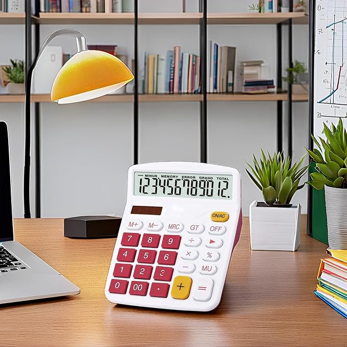 Desktop Calculator Solar Battery Dual Power 12 Digit Large LCD | Display Financial Dedicated Large Standard Function Desktop Business Calculator for Office/Home/School KA08 Red