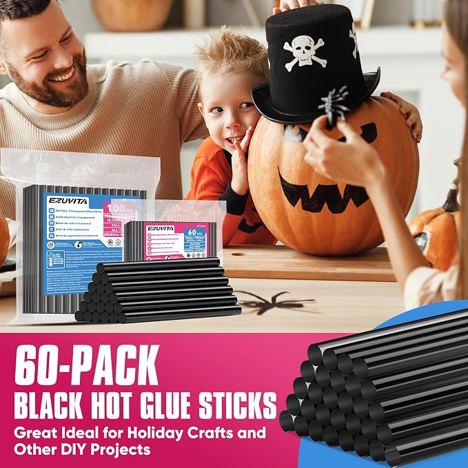EZUVITA 60-Pack Mini Size Black Hot Glue Sticks, 0.27” Dia x 4” Long | for All-Temp Mini Glue Guns, for DIY Art Craft General Repairs, Halloween & Christmas Festival Decorations