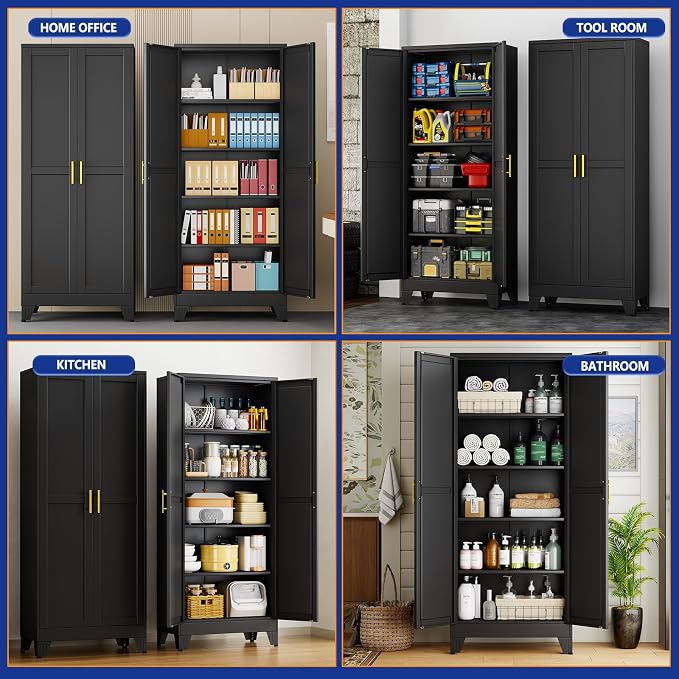 Metal Storage Cabinet with 2 Doors and 4 Adjustable Shelves - 71" Steel File Cabinet,Tool Cabinets for Office,Home,Garage,Gym,School (Black)