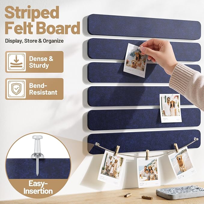 10 Pack 13"x2" Cork Board Strip with Removable Adhesive Squares & Push Pins | Pin Board Alternative Felt Strip Bulletin Board, Felt Board for Photo & Note Display, Home Office Decor - Navy Blue