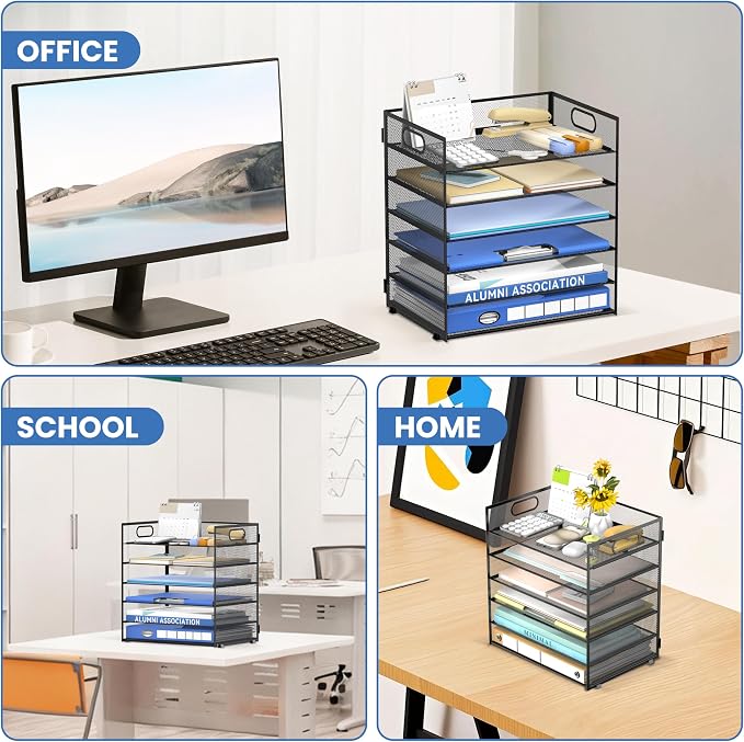 Daltack 6-Tier Paper Organizer for Desk with Handle, Black | Sturdy Metal Mesh Organizer with Movable Middle Trays and a Carry Handle for Papers, Folders and Office Supplies