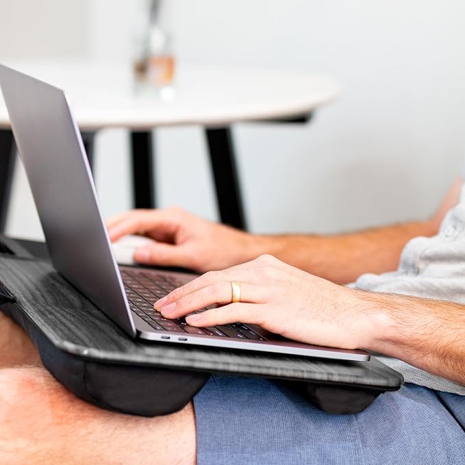 LAPGEAR Home Office Lap Desk – Gray Woodgrain, Fits 15.6” Laptops | Built-In Mouse Pad & Phone Slot, Integrated Device Ledge, Dual-Bolster Microbead Cushion, Carry Handle