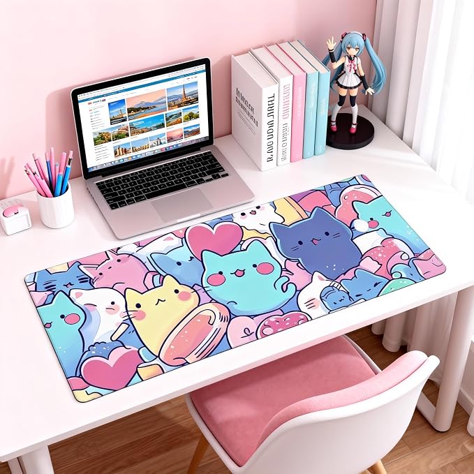 Cute Anime Cats Gaming Mouse Pad, Candy Pop Art Desk Mat with Anti-Slip Base & Stitched Edges, Office Supplies & Desk Decor for Women, 35.4" x 15.7" in Home Office Essentials