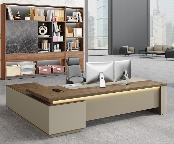 95" Reversible L-Shaped Executive Desk with Drawers – Luxury Office Desk with Open Shelves, LED Lighting, Built-in Outlet & USB Ports for Home, Office, Corporate, School (Black Walnut & Khaki)