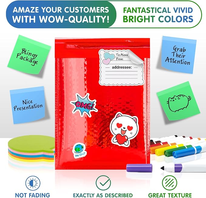Glamour Metallic Bubble Mailers 6.5 x 9 Inches Red, 200 Pack Padded Envelopes for Shipping, Mailing, Packaging Protection
