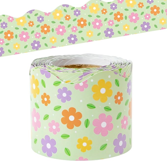 BeYumi Spring Floral Border Trim - 65ft Spring Floral Scalloped Rolled Border Trim Daisy Flower Green Bulletin Board Set Back to School Classroom Office Chalkboard Decor Springtime Party Decoration