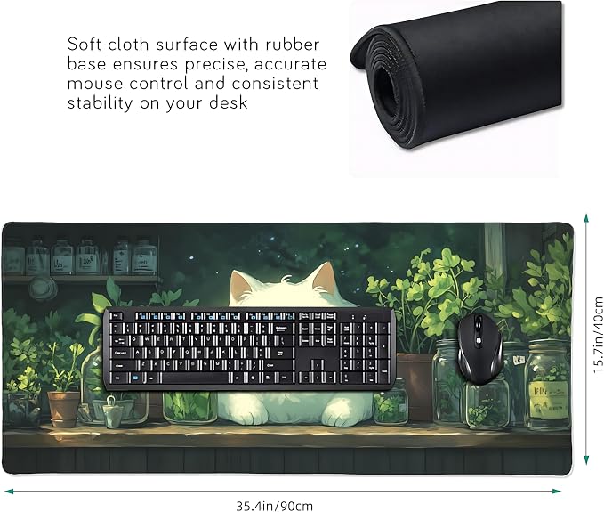 Cute Anime White Cat Gaming Mouse Pad, Forest Green Anime Desk Mat with Anti-Slip Base & Stitched Edges,35.4" x 15.7" in Table Mat for Computer Desktop, Beautiful Workstation Decor