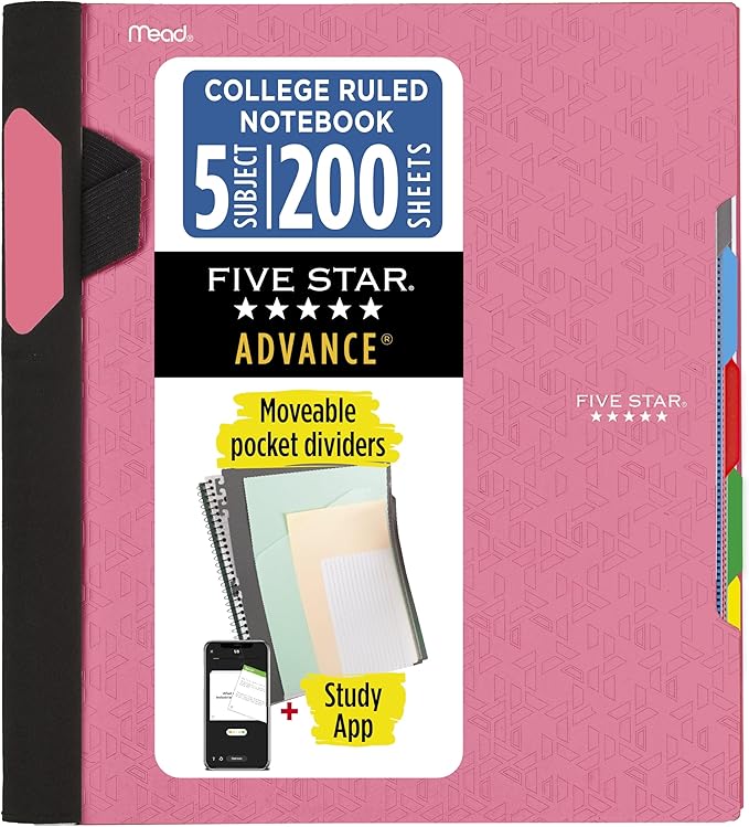 Five Star Advance Spiral Notebook + Study App, 5 Subject, 8.5" x 11" College Ruled Paper, 200 Sheets, Spiral Guard, Movable Tabbed Dividers, Prom Pink (820013R)