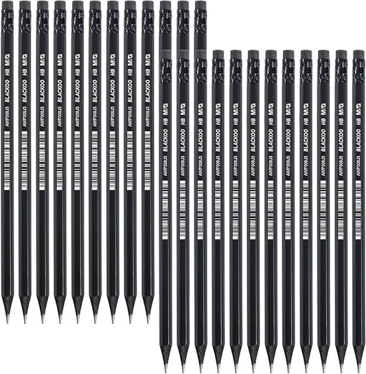 M&G BLACKOO Series HB Wood-Cased Pencils, 24-Pack Pre-Sharpened with Top Erasers, Bulk Black Pencils for School, Teachers, Writing, Drawing and Sketching (Black)