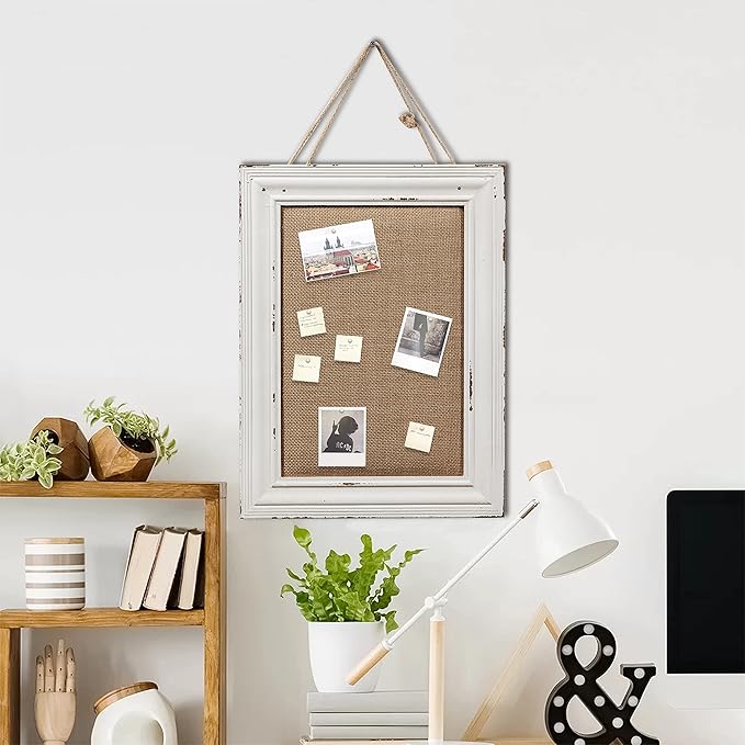 SOFE Cute Linen Small Bulletin Board, 15.7×12 Inches White Decorative Cork Boards for Walls with Frame, Wood Vision Board Farmhouse Pin Board for Home Office School, Rustic Memo Board Display Photo