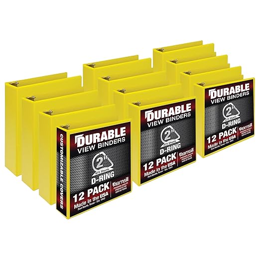 Samsill Durable 2 inch 3 Ring Binder, D Ring Binder, 100% Recycled Chipboard, Yellow, 12 Pack