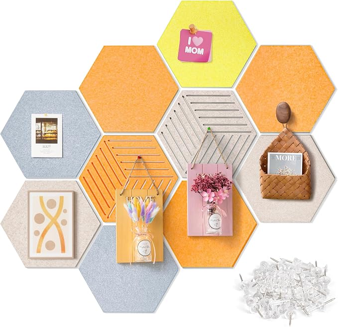 Hexagon Felt Corkboard for Office Frameless Self Adhesive, 10 Pack | 1300 g/m² High-Density Polyester Acoustic Felt Panels for Wall, Peel and Stick, Boho, Decorative, Renter Friendly, 30 Pins