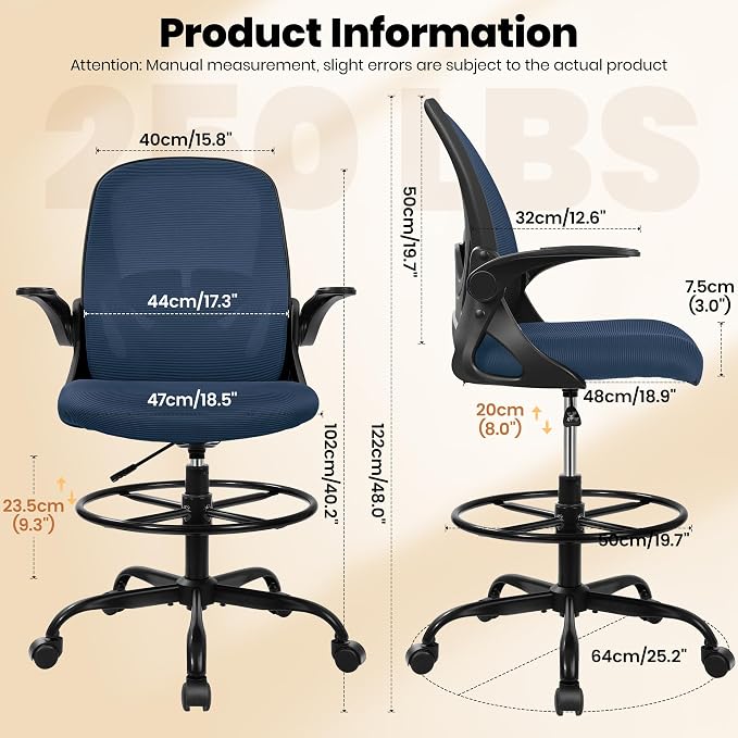 Drafting Chair Tall Office Chair with Flip-up Armrests Executive Ergonomic Computer Standing Desk Chair with Lumbar Support and Adjustable Footrest Ring (Navy)